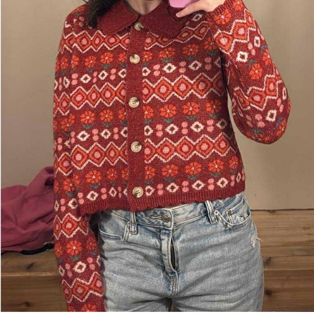 ALTAR’D STATE Floral Print Collared Cropped Sweater Cardigan Scalloped Edges